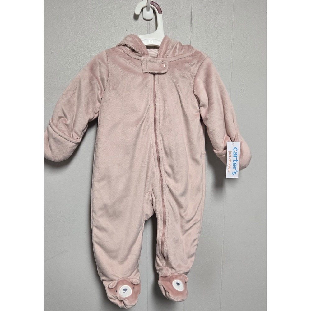 Carters Just One You Baby Pink Fleece Pram Suit Hooded Bear Footie 6M 1T933110